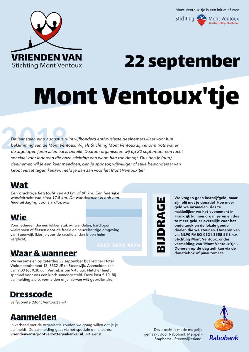 Zaterdag 22 september staat er een leuke tocht op de agenda waar iedereen aan mee kan doen.  
De start is bij Fletcherhotel in Steenwijk.