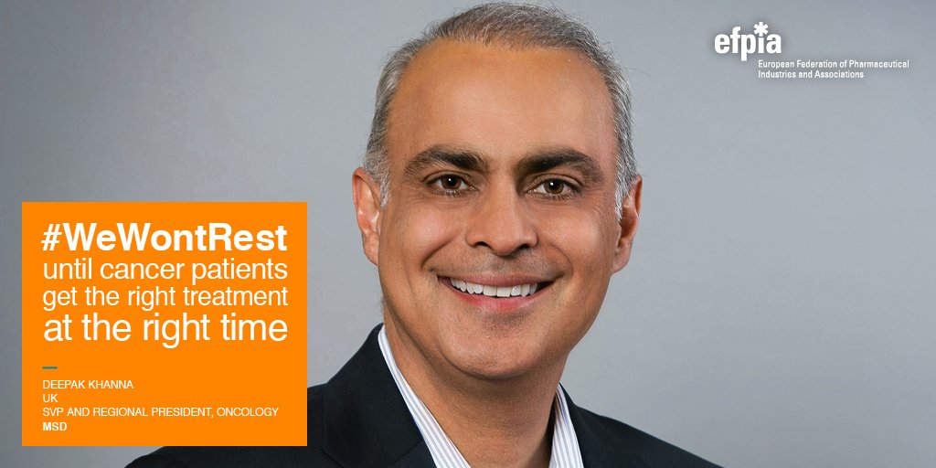 EFPIA's tweet photo. "#WeWontRest until cancer patients get the right treatment at the right time" Deepak Khanna, SVP and Regional President Oncology, @MSDInvents #ECCOSummit https://t.co/VgpA4CxGb9 https://t.co/7NaQqAxASm