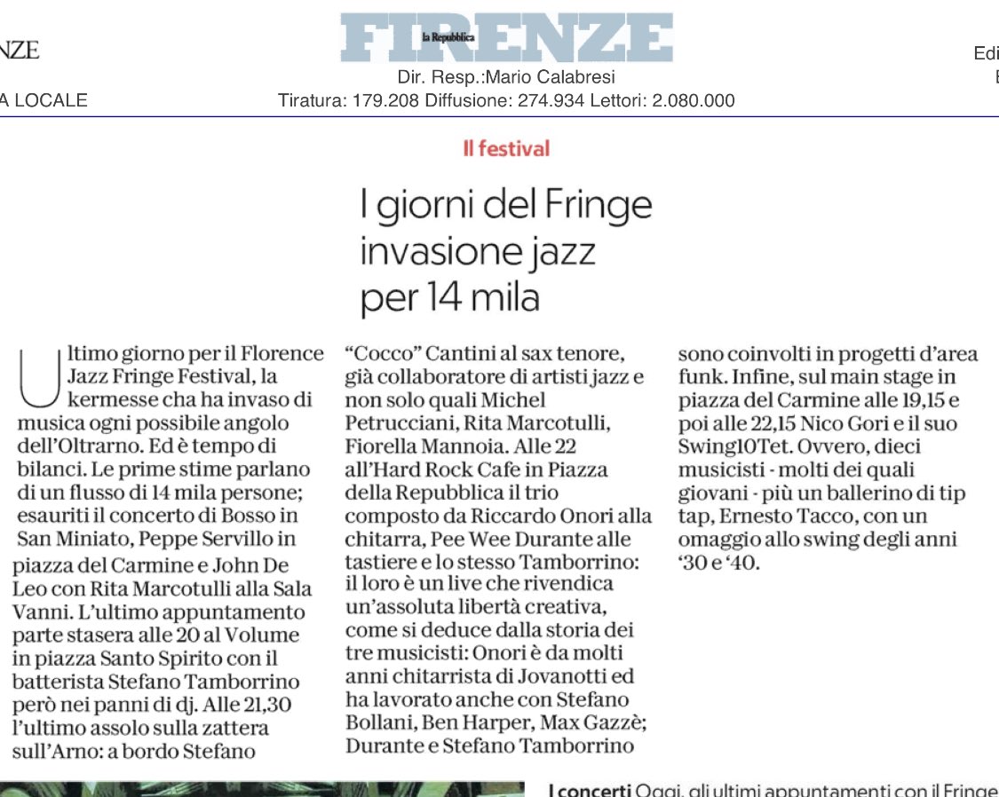 DarioNardella's tweet photo. La musica jazz ha invaso le strade dell’#Oltrarno e più di 14 mila persone hanno partecipato al Florence Jazz Fringe Festival! Stasera ultima serata, alle 20 al Volume con Stefano Tamborrino e alle 21.30 sulla zattera in Arno assolo di Stefano “Cocco” Cantini🎷 #fjff https://t.co/yw2Ow91Vo7