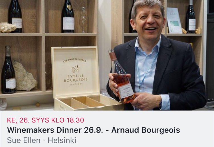 Tällä kertaa Sue Ellenin Viinikellariin saapuu ranskalainen viinintekijä jo kymmenennessä sukupolvessa, Arnaud Bourgeois. Illan aikana nautitaan Sue Ellenin neljän ruokalajin menusta Bourgeois'n perhetilan tuottamien huippuviinien säestämänä. Liput: lahjakortti.sue-ellen.fi.
