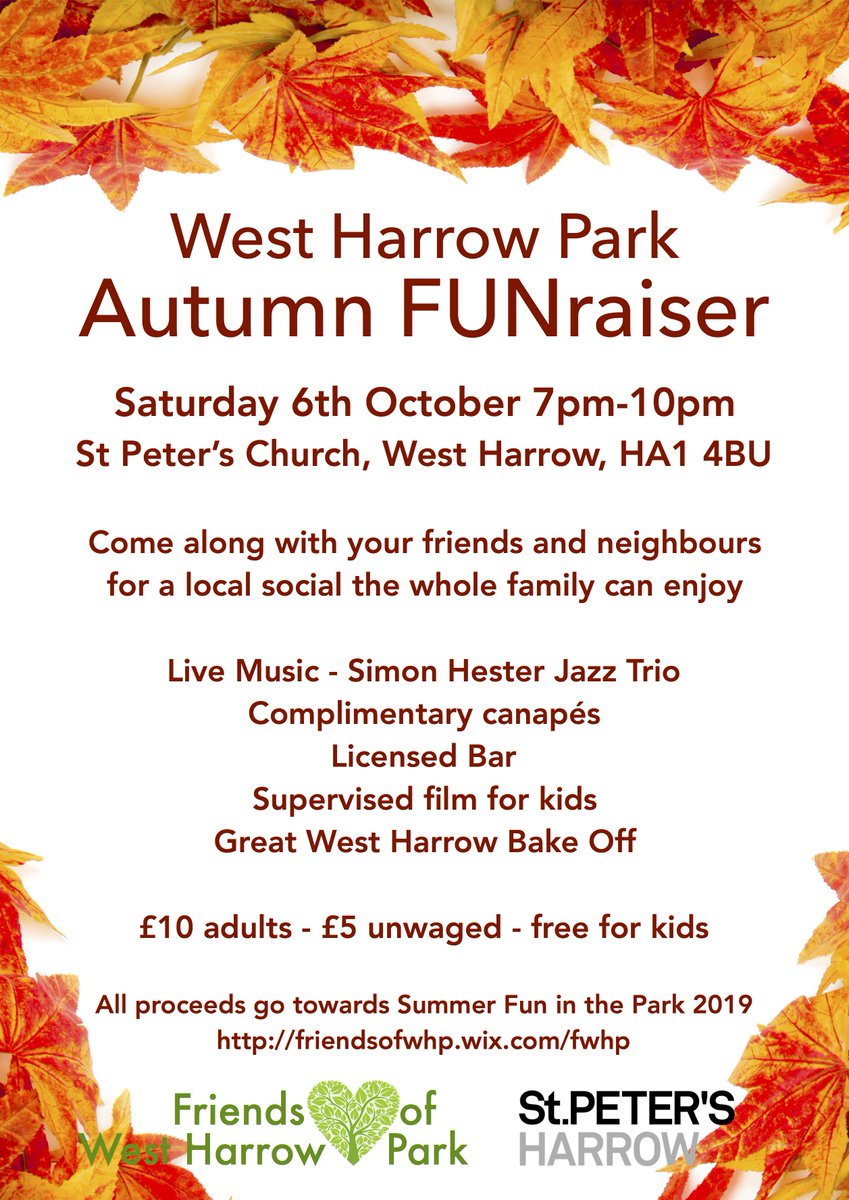 Get ready for a laid back fundraiser the whole family can enjoy - Live Jazz, Canapés, and a free film for the kids - all for £10 (adults)/£5 (unwaged) - kids go free. Plus Great West Harrow Bake Off - who will be crowned star baker? 7-10pm Saturday 6th October <a href="/StPetersharrow/">St Peter's Harrow</a>