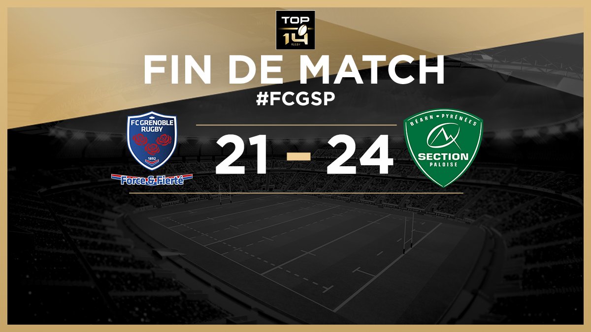 top14rugby's tweet photo. #TOP14, J3 | #FCGSP
► C'est terminé au Stade des Alpes ! Joli coup réalisé par la @SectionPaloise ! Toujours aucune victoire cette saison pour le promu @FCGrugby qui obtient tout de même le bonus défensif. https://t.co/x2dnx4uTPj