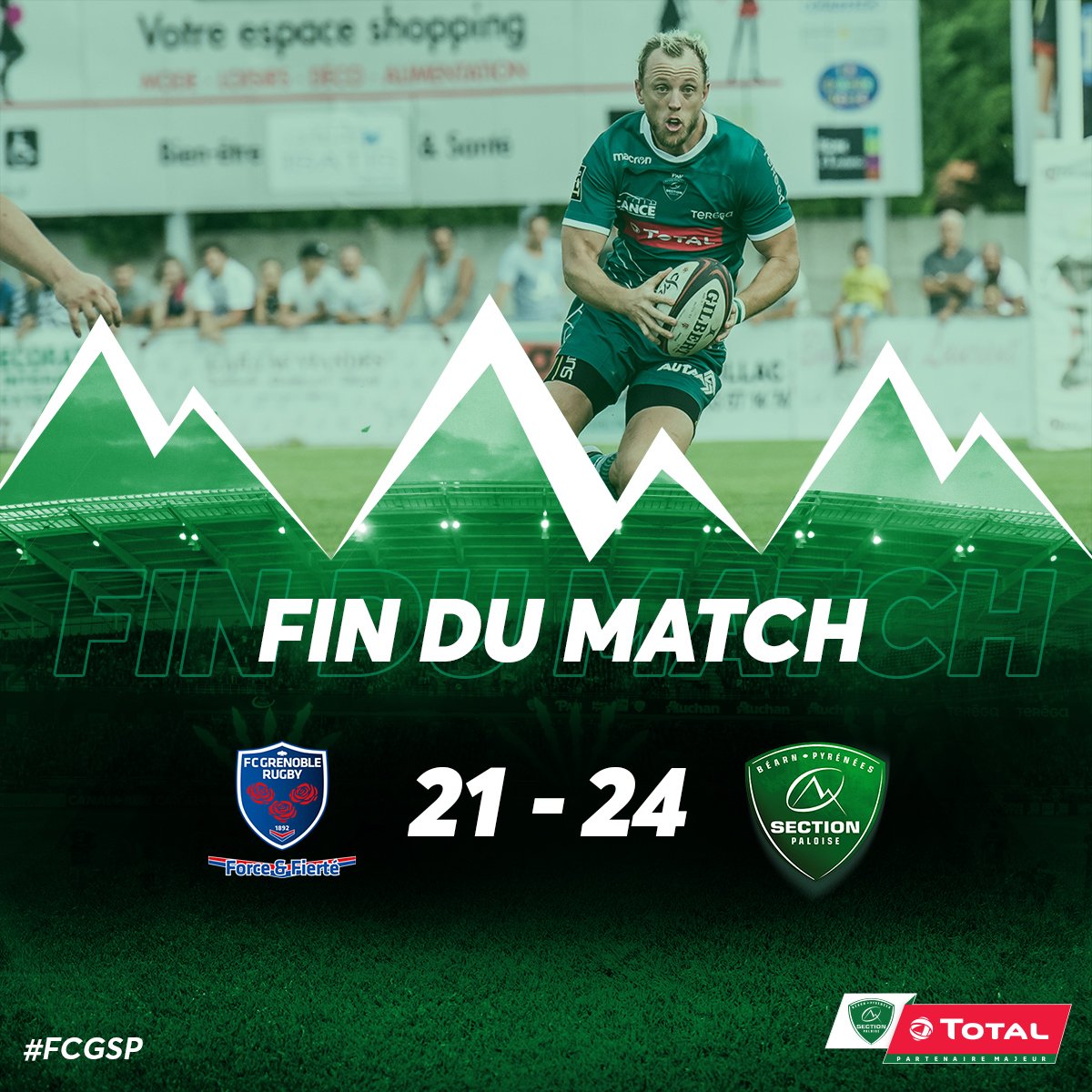 SectionPaloise's tweet photo. La Section s'impose 24-21 sur la pelouse de Grenoble ! Quel match de nos Béarnais qui ont livré une belle prestation avant la réception de Clermont samedi prochain ! #FCGSP #TOP14 #EnVertEtContreTous https://t.co/2zIWCydHQh