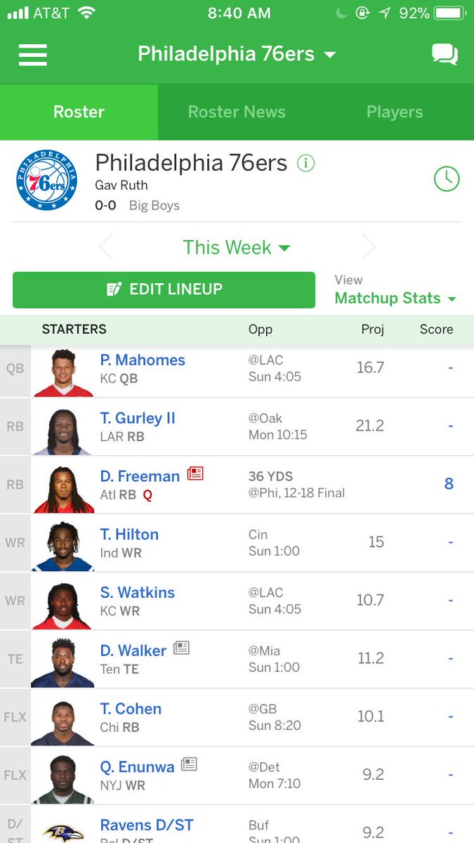PhilaFantasy76's tweet photo. Our Starting Lineups for this week. Excited for the first week of football to finally begin! 🏈 #GoSixers https://t.co/hx6sfVy01P