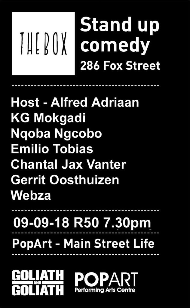 POPArtJHB's tweet photo. It’s gonna be a hoot to join us for comedy tonight after last night’s Comics Choice Awards.
Epic line up at #TheBoxComedy tonight. 8pm. 50 bucks gets you in for @alfredadriaan KG Mokgadi @KingNqoba @EmilioTobias_ and more.
Book at https://t.co/EmbLJ5eg1I https://t.co/0wsKsG573e