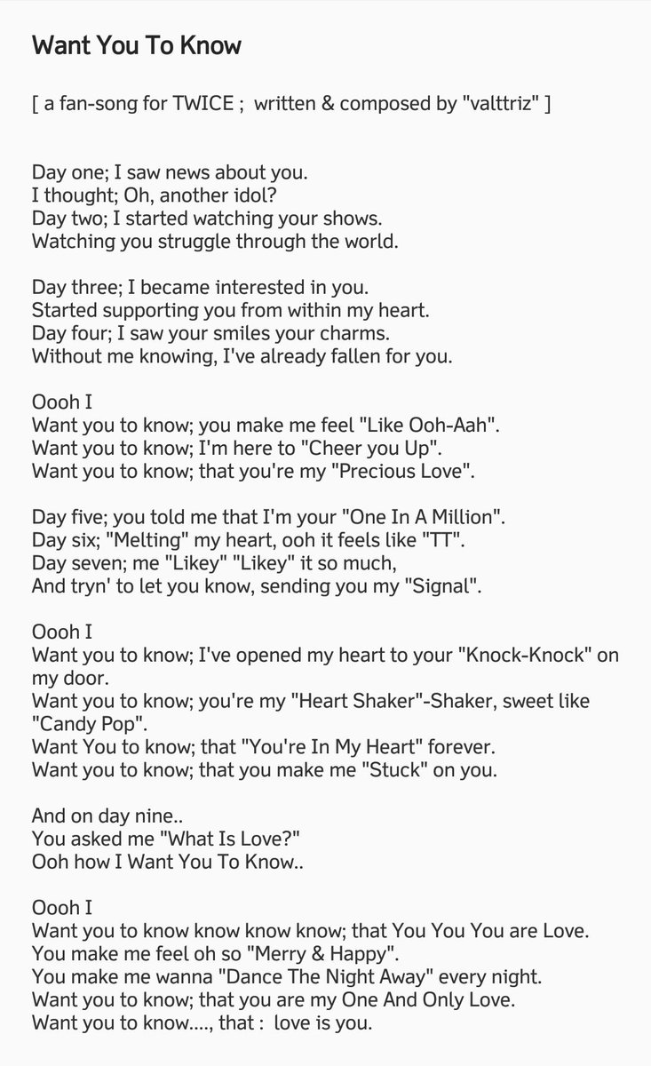 valttriz's tweet photo. [2018.09.09]
#originalsong #fansong #selfcomposed #selfwritten #forTWICE #TWICE #fromONCE #ONCE #byValentinaPatricia #ValentinaPatricia
@JYPETWICE @JYPETWICE_JAPAN @jypnation
#WantYouToKnow
,
Full Song on my #IGtv channel 📺
○~~~~~~○
Full Lyrics : https://t.co/nfaKvP9Kx1