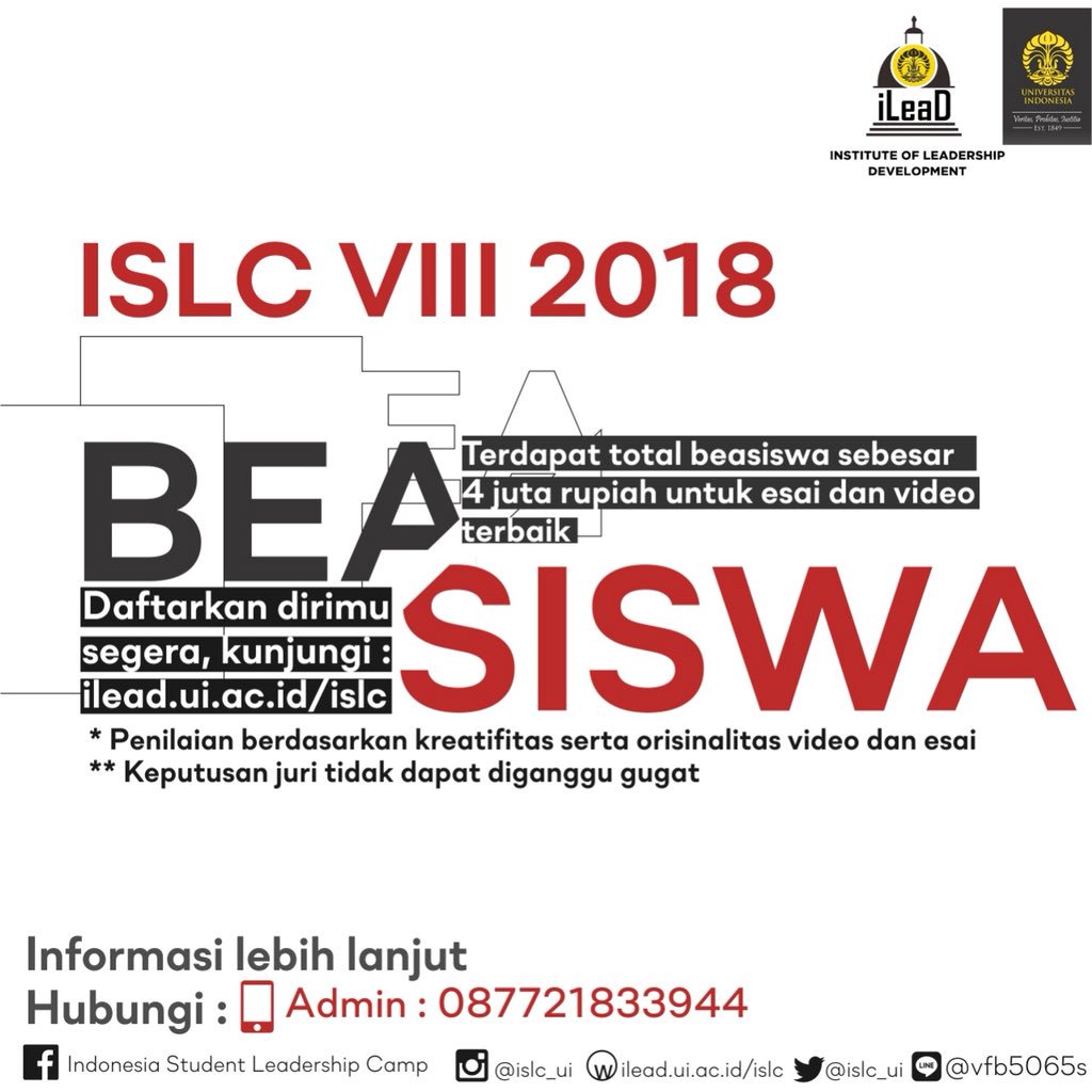 ISLC_UI's tweet image. As promised, something exciting is here! All applicants from can stand the chance to win a total of IDR 4 million scholarships. Judging criteria will be based on your introductory self-cam and certainly also, your essay! So give your best!
.
.
#ISLCVIII
#HopeforBetterChange