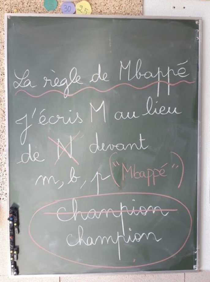 In French, the letter N becomes M in front of a B and a P. This primary teacher in France used “Mbappe champion” to introduce this rule to his pupils. #creativeteaching!