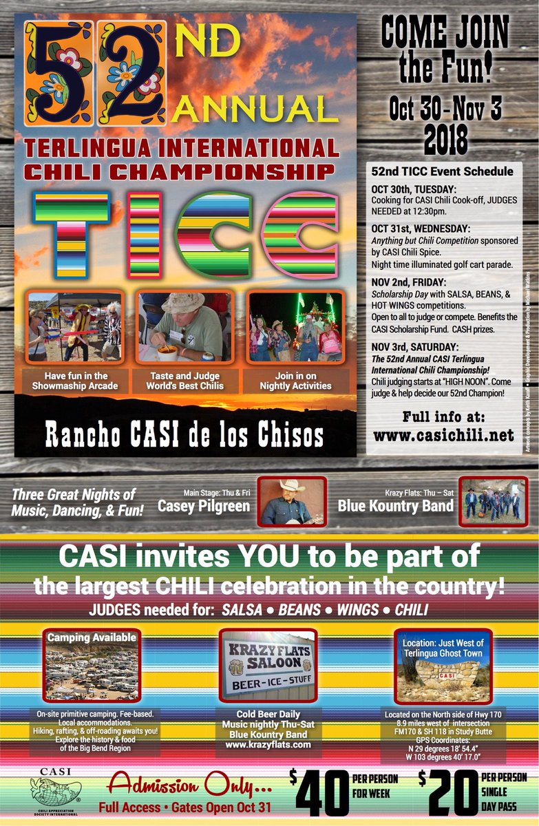 CASIchili's tweet photo. @visitbigbend @VisitAlpineTX CASI invites you to join the fun Oct 30 - Nov 3 in Terlingua! Judges needed for chili, beans, wings, salsa. Full info at https://t.co/sPo77ZkHhA #desert #fun #party #chili #foodcompetition #wings #salsa #texasbeans https://t.co/KPtpTF4K1m