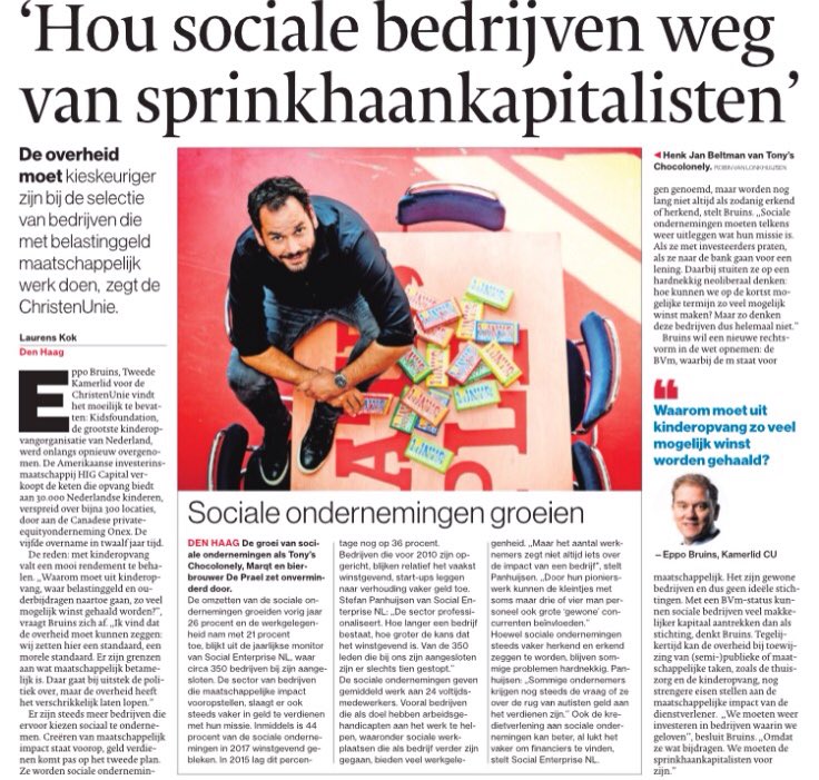 Sociale ondernemingen zoals <a href="/TonyChocolonely/">tonyschocolonely</a> <a href="/Fairphone/">Fairphone</a> en <a href="/Marqt/">Marq Takacs</a> hebben liever meer impact dan meer winst. <a href="/eppobruins/">Eppo Bruins</a> wil hen meer ruimte geven om sociaal en eerlijk te ondernemen en schreef een initiatiefnota. Het AD bericht 👇