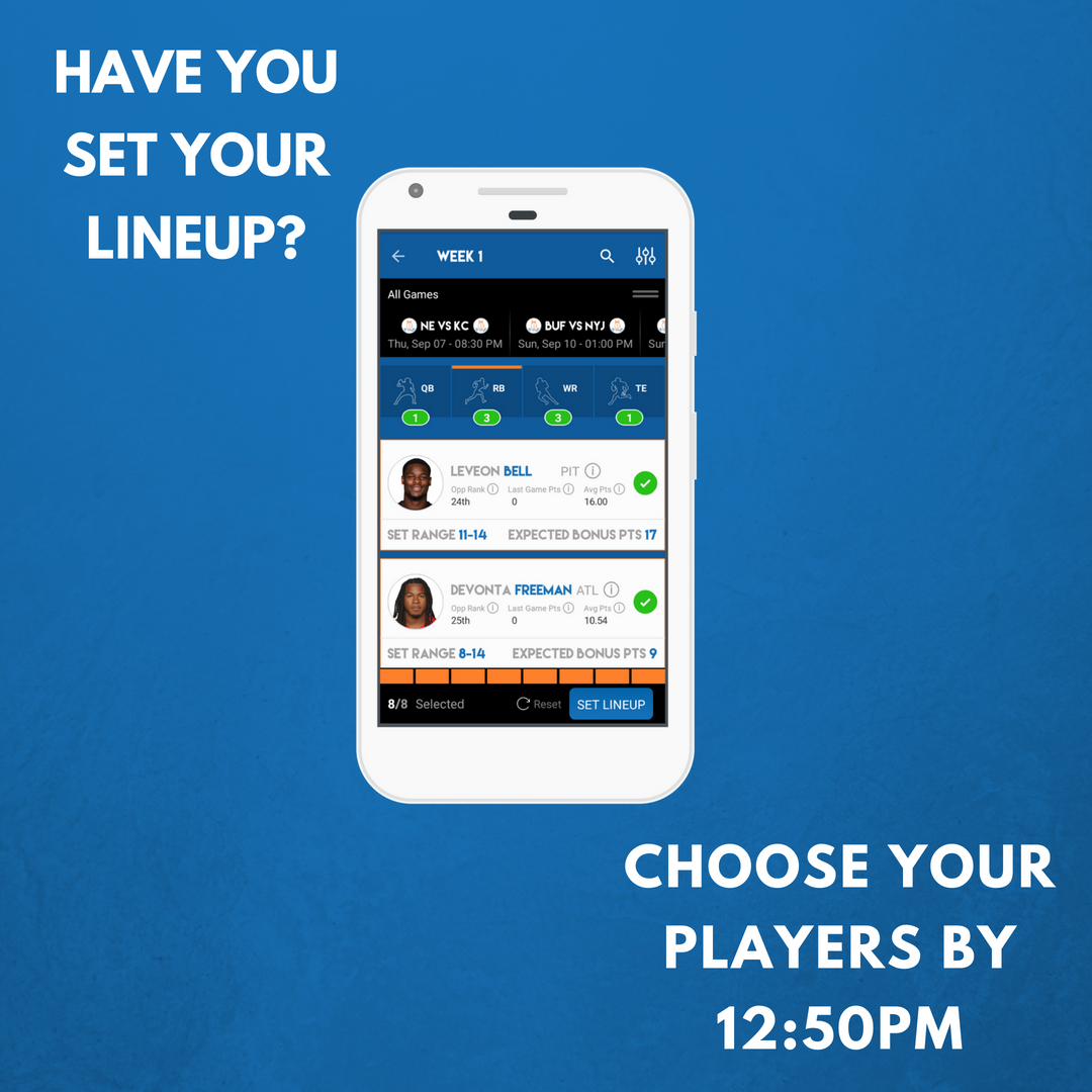 FFGM_Genius's tweet photo. It’s that time! Make sure you set your lineup by 12:50pm today, Sunday 9/9 #GameON #GMGenius https://t.co/KvSbS0sorV