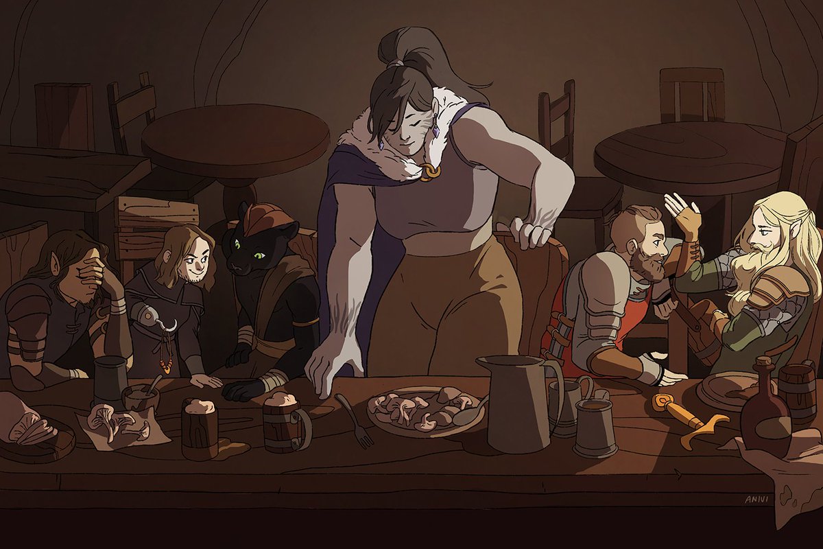 An illustration of a party of adventurers having drinks in a tavern. 