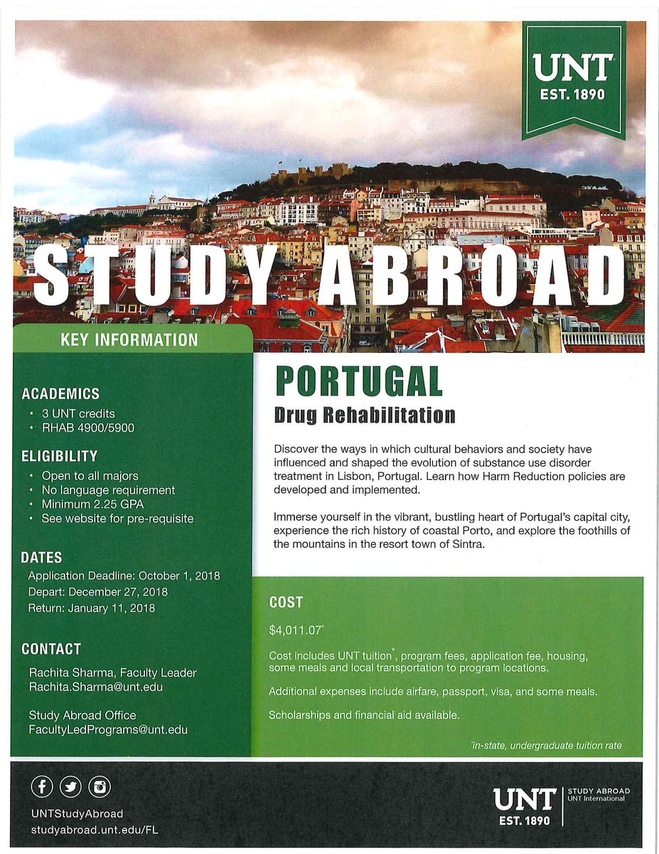 UNTHPS's tweet photo. Have you ever considered a #StudyAbroad experience? Explore Portugal's war on drugs and the nation's implementation of Harm Reduction policies with @UNT_RHS this winter. Learn more: https://t.co/aFOvfzZE49 https://t.co/SOpVGS7BqT