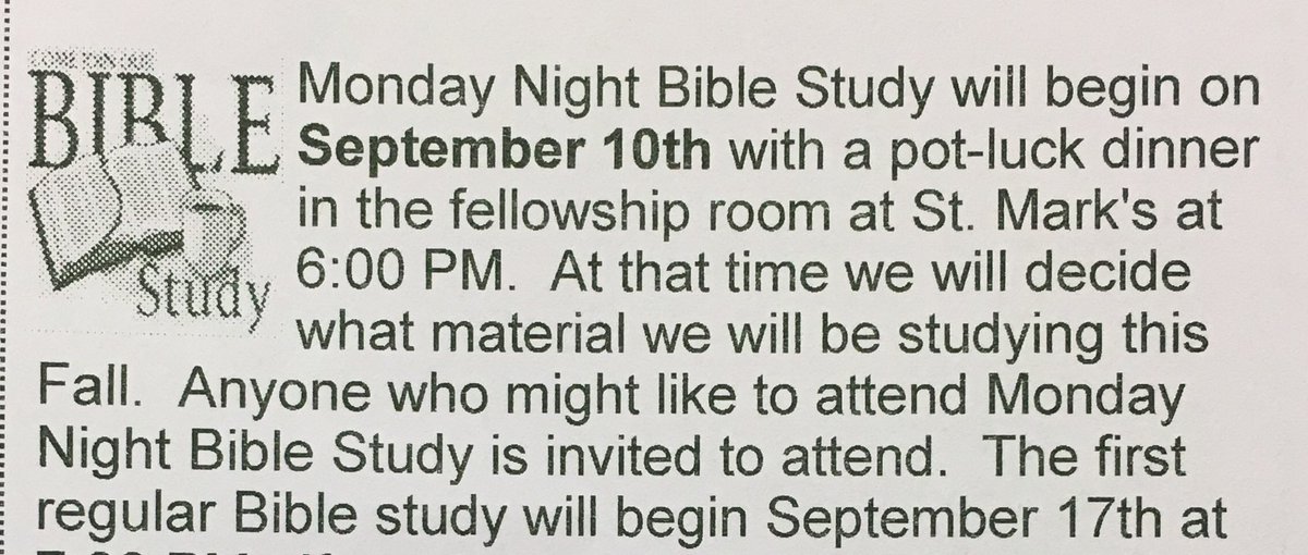 Bible Study beginning. Regular meetings begin September 17 at 7pm.