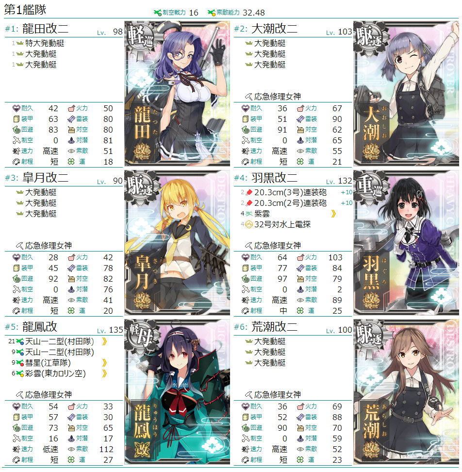 メモ。E2の1本目。基地航空隊をDマスとボスに1つずつ出してからの支援なしで行ける感じ。陣形は単縦→警戒→単縦で。A勝利すればOKで4出撃でおしまい。この後もこれくらいの難易度で済むといいんだけど・・・。