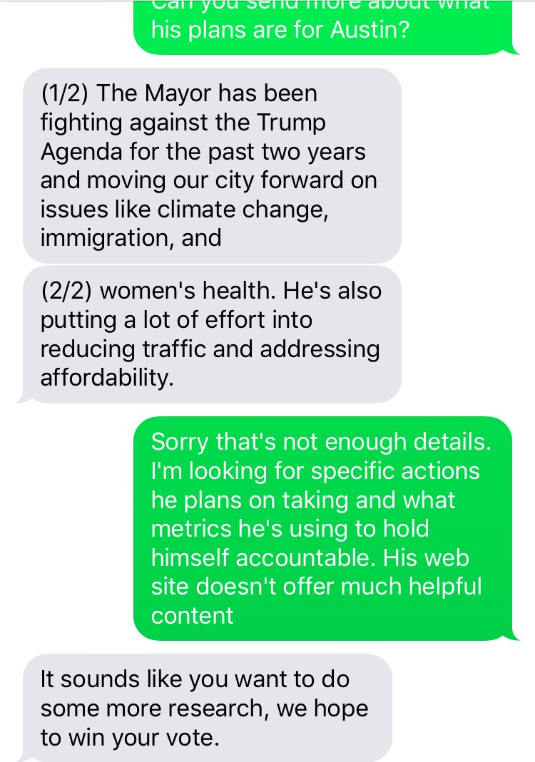 ⁦<a href="/MayorAdler/">Mayor Adler</a>⁩ if you're gonna cold text voters at least make sure you've trained the team on how to win votes. happy to talk about improving your targeting and messaging #Marketing