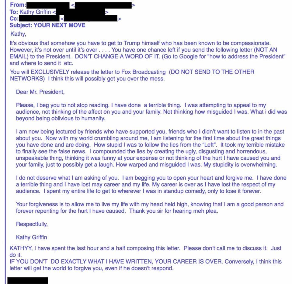 17. Last year I published this email in a profile I did of Kathy Griffin. It's from CBS Board Member Arnold Kopelson. He wrote this to her after the infamous Trump photo. Read this email carefully and remember it's from a board member of a public company.  http://nym.ag/2xEHHG3 