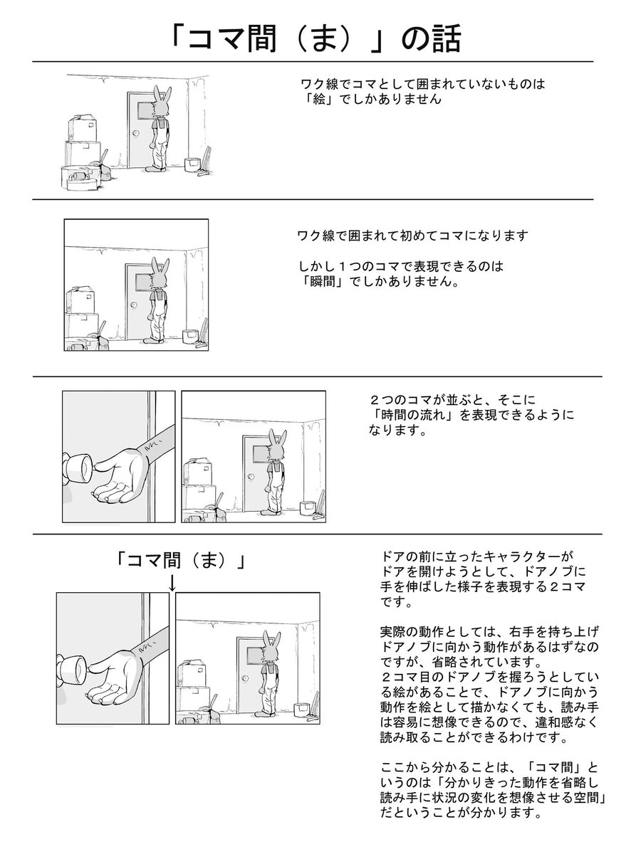 「コマ」とコマの間にある空間「コマ間(ま)」の関係は、マンガを表現する上で重要な構造。
「コマ間」をうまく演出する事で、マンガは格段に面白く見せられます。

続きはこちら↓
 