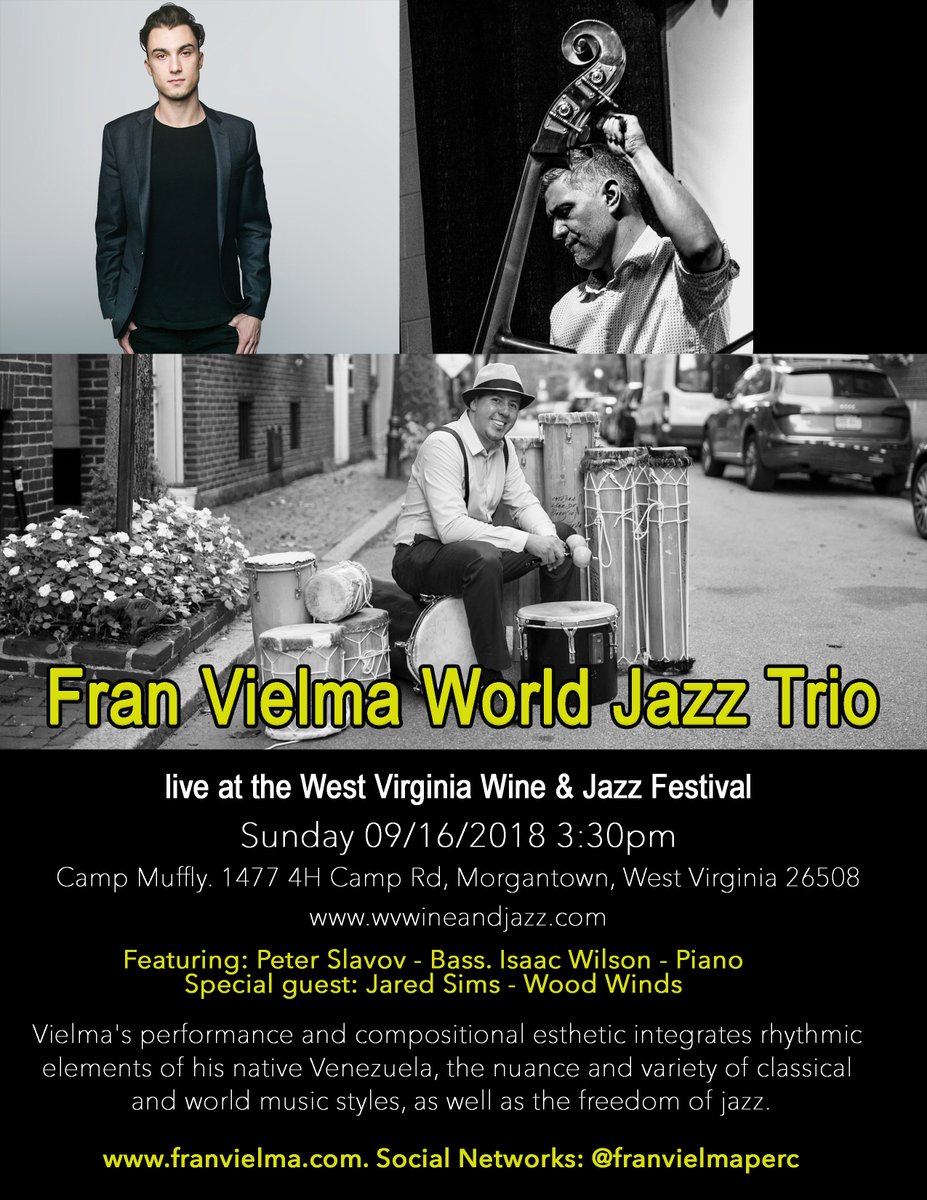 franvielmaperc's tweet photo. #wvwineandjazzfest #sept16 save the date!
.
.
.
#handpercussionist #jazzcomposer #multipercussionist #WorldJazz #Jazz #WorldMusic #VenezuelanPercussion #DebutAlbumTendencias #papelonrecords #franvielmaperc #istanbulmehmetcylmbals #franvielmaworldjazztrio #peterslavov #isaacwilson https://t.co/iniRxjAqHW