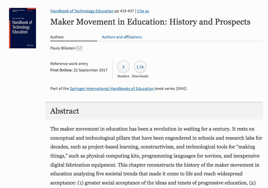 paolaguimerans's tweet image. Leyendo: Movimiento Maker en la Educación: Historia y Perspectivas  / Autor:  @PauloBlikstein →  
link.springer.com/referenceworke…  #Construccionismo #AprendizajeBasadoenProyecto #physicalcomputingkits