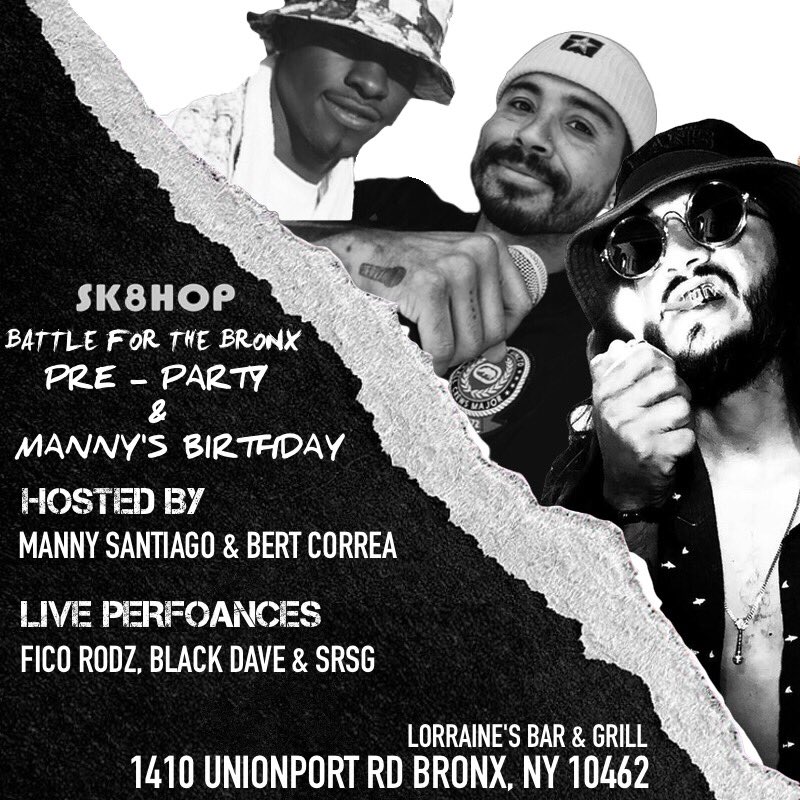 BronxBattle's tweet photo. Tonight 7pm #battleforthebronx pre-party and @Mannyslaysall Birthday Bash @lorrainessportsbarandgrill 1410 Unionport Rd. BX NY 10462 @sk8hop @indigenousskate @wepa_hardware @thestraye @2ntr @haroldhunterfoundation @bullswax @rockstarbearings @allineedskate https://t.co/zFd7QhnT40