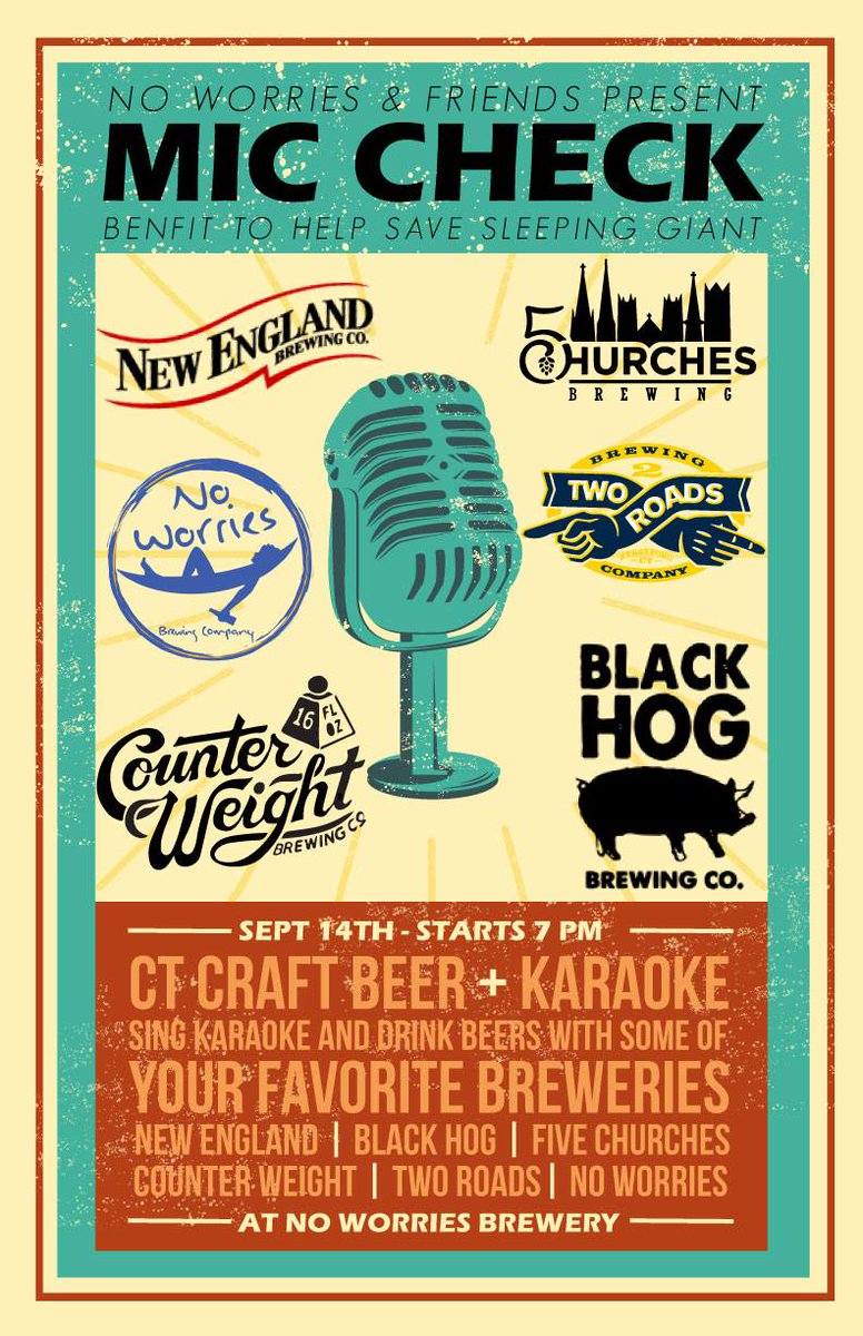 Is this mic on? Join us and our friends from <a href="/BlackHogBeer/">Black Hog Brewing</a>, <a href="/BrewingWeight/">CounterWeightBrewing</a>, <a href="/5ChurchesBrew/">Five Churches Brewing</a> &amp; <a href="/2RoadsBrewing/">Two Roads Brewing</a> for #karaoke for a cause! #Beer and #blues to help restore The Sleeping Giant State Park. All are welcome! patch.com/connecticut/ha…