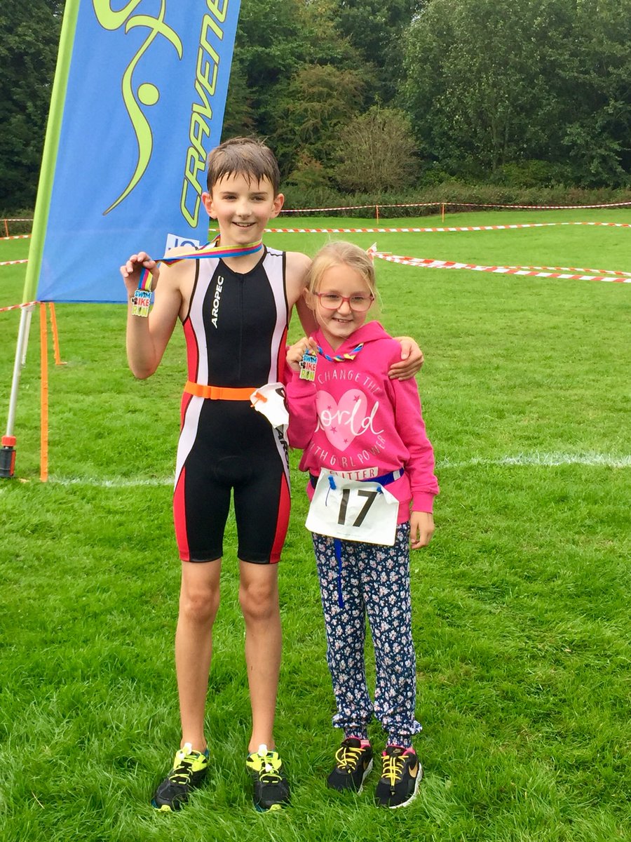Earth2SueB's tweet photo. Lewis and Maddy competed at the Skipton Craven Energy Junior Triathlon today. So proud of Maddy for finishing 3rd in the TriStart girls category in her first triathlon. Lew coming a brilliant 4th after a tough bike section in the boys T1s.  🏊🏻‍♂️ 🚲 🏃‍♀️ @ElloughtonPE https://t.co/2OM8O3sJkE
