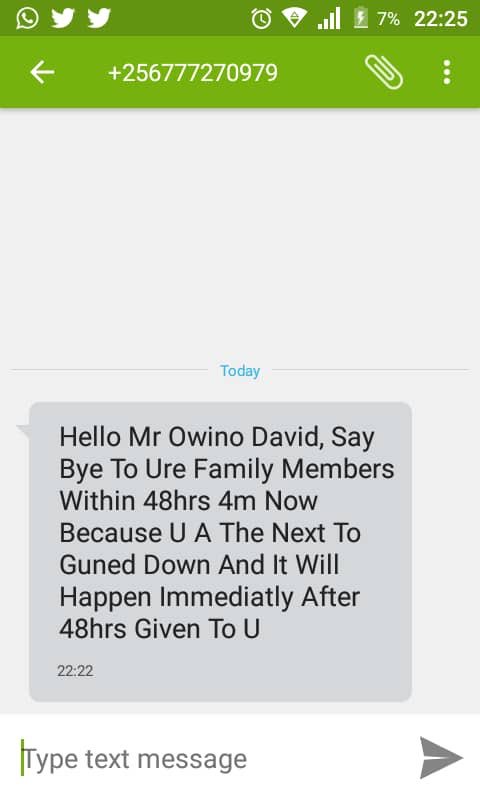 JosephOwino's tweet photo. My youngest brother has just received a text threatening that he’ll be gunned down in 48 hours, from this @mtnug number! Any help appreciated. @PoliceUg @AKasingye What’s going on?! https://t.co/e71sYN1IGw