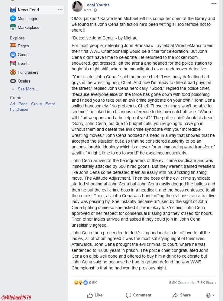 Michael1979's tweet photo. DISASTROUS day at the library. Left my computer unattended for 5 minutes and some local youths found my John Cena fan fiction and posted it online before I had finished https://t.co/K0yO86CuEV