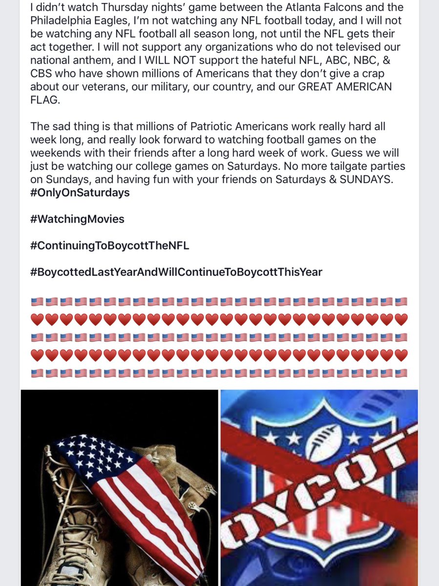 BobbyDaleWalsh1's tweet photo. @The_Trump_Train I will not watch the NFL this year until they get their act together, just like I didnโt watch any games last year. I refuse to support the NFL, ABC, NBC, CBS, who disrespect our veterans, our country, our American flag, and our beautiful national anthem.
#BoycottingTheNFL ๐บ๐ธ https://t.co/YiKfmEwQei
