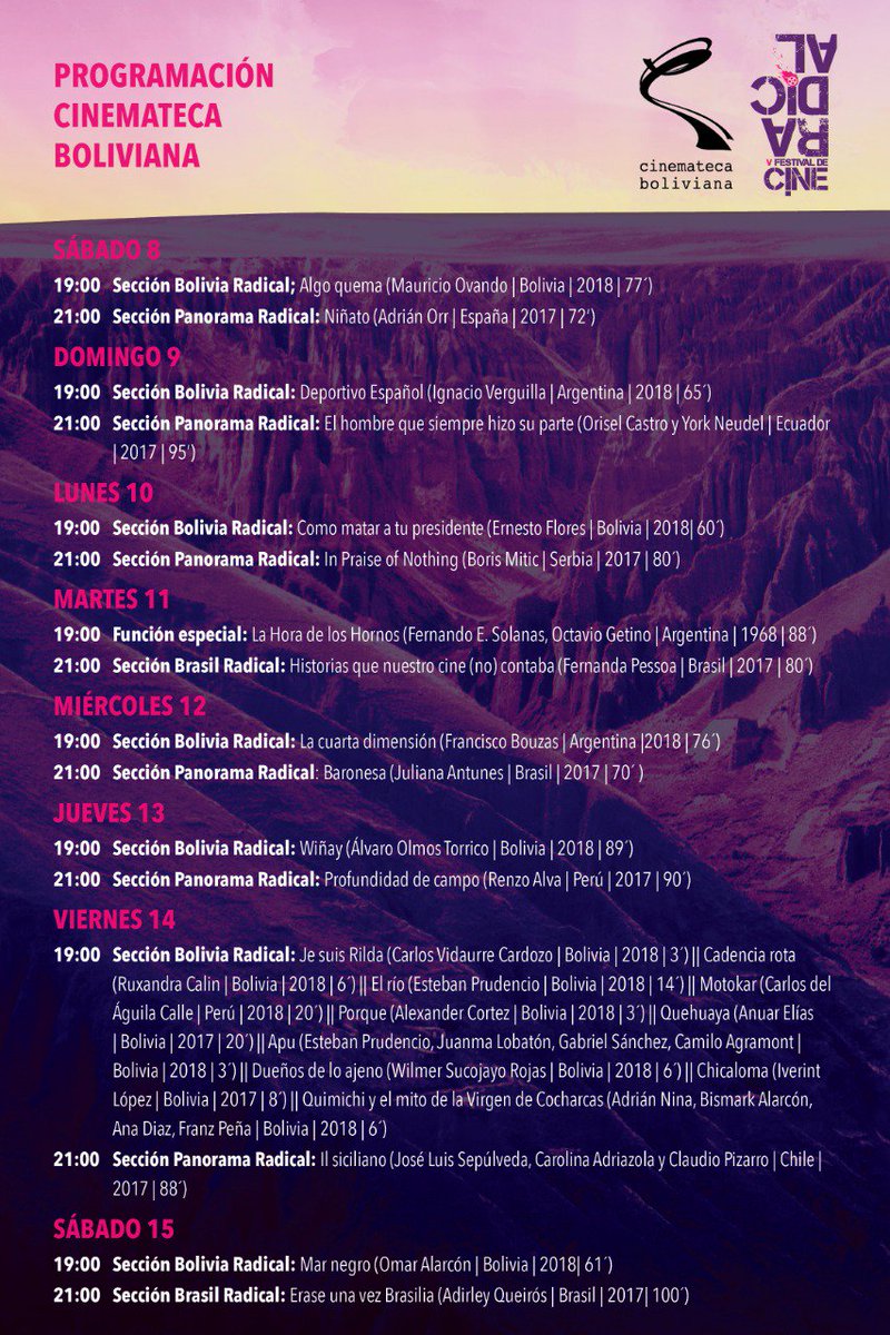 FestCineRadical's tweet photo. #radical2018 PROGRAMACION POR SEDES (tome nota)
Sede: Cinemáteca Boliviana
#virusdelcine https://t.co/BTM65ENGbt
