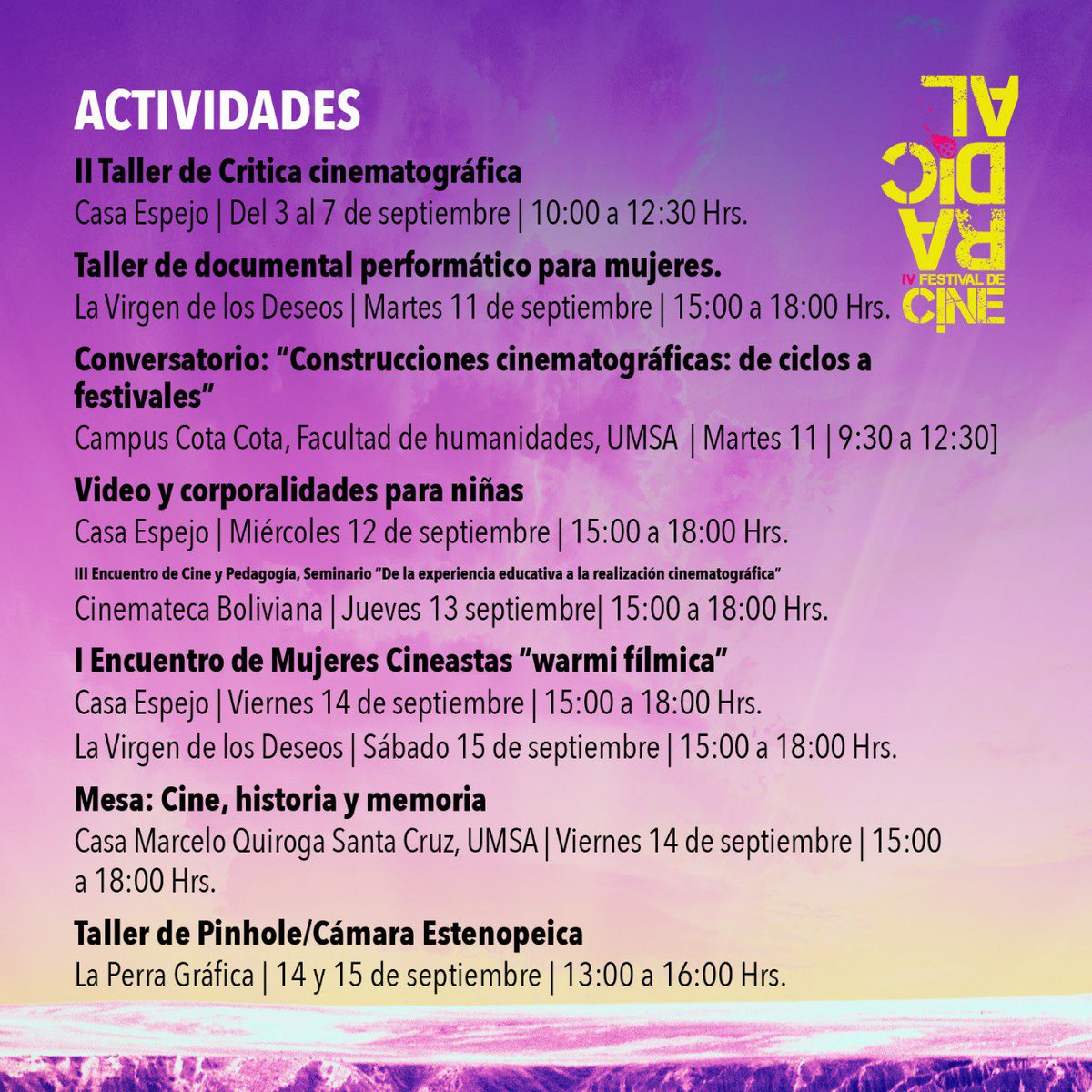 FestCineRadical's tweet photo. #radical2018 ACTIVIDADES:
Encuentros — Talleres — Conversatorios — Mesas https://t.co/NqAfMDKxvP