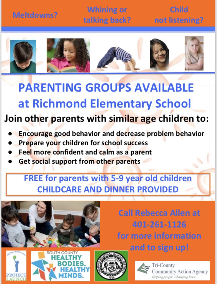 Amazing evidence-based parenting groups free for families in Washington County being held at Richmond Elementary. Call to see if this program is right for your family! @jscanapieco @jenpooreri  @JoeGencarelli1  @Sharonhoytmar