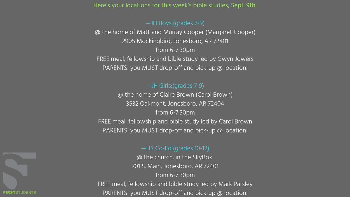firststudent701's tweet image. Sunday Night Bible Studies start back tonight at 6:00!! free meal and lots of fun. these are a great way to kick off the upcoming week! #wearefamily