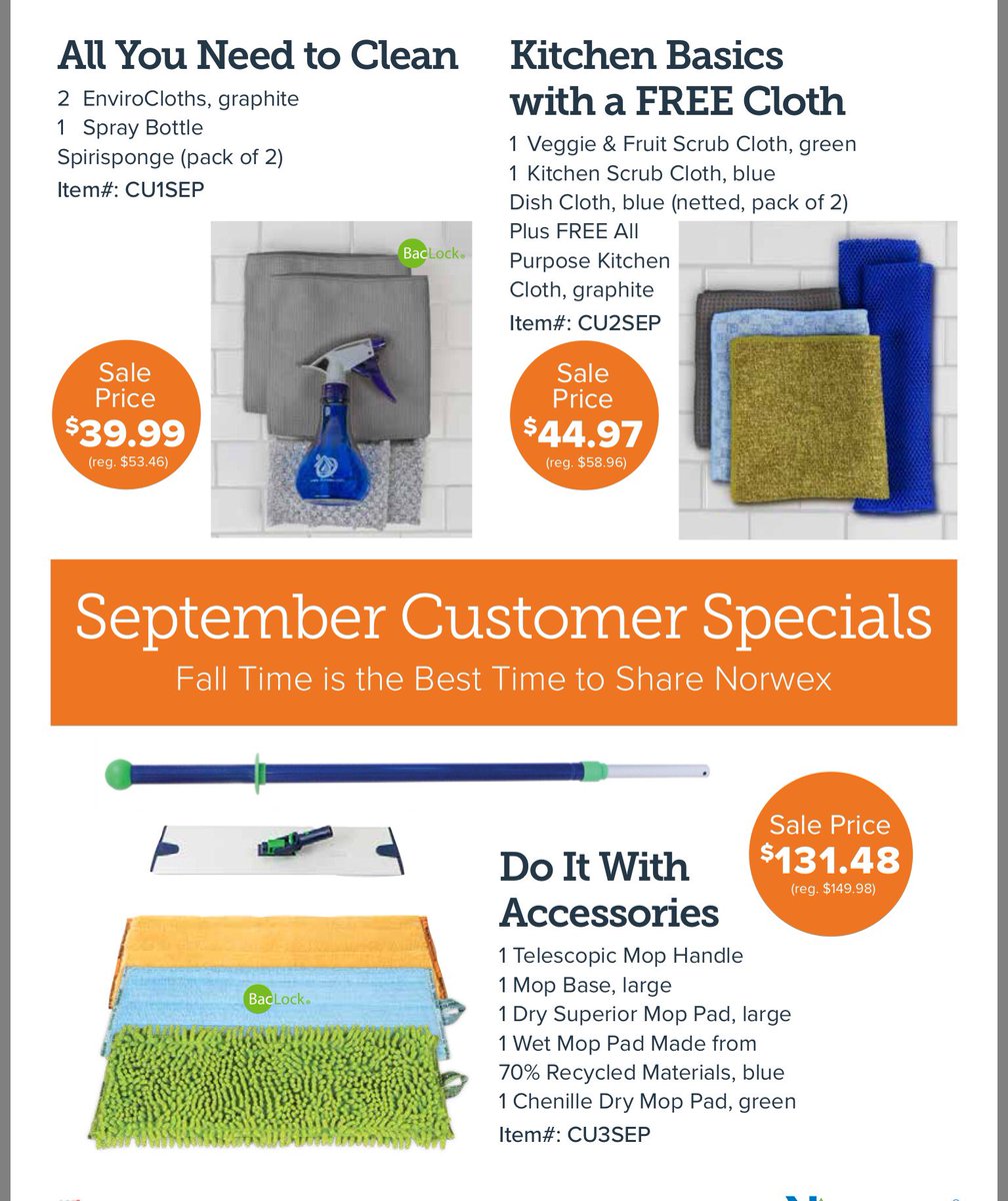 Been thinking about going green? Norwex products allow you to safely and effectively clean your home with only water. The customer specials in Sept include the most sold and used products. Keep your home safe and clean #chemicalfreehome, brandiemelvin.norwex.biz