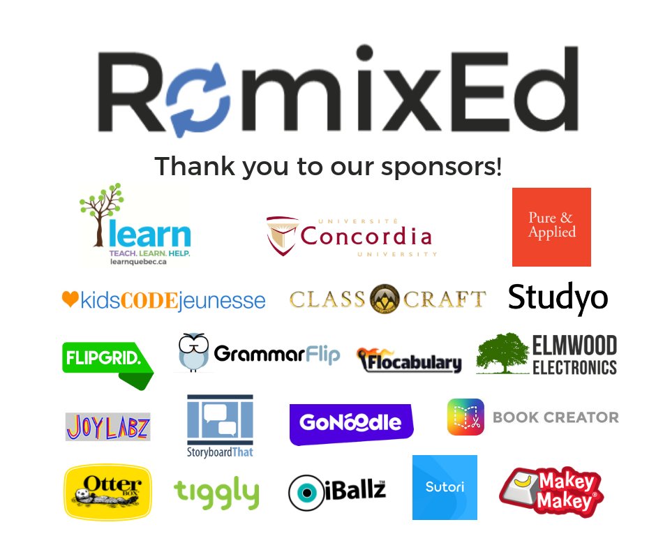 Thank you sponsors for making this day of learning free! @LEARNQuebec <a href="/Concordia/">Concordia University</a> <a href="/purenappliedgr/">Pure & Applied</a> <a href="/classcraftgame/">Classcraft</a> <a href="/Studyo/">Studyo</a> <a href="/Flocabulary/">Flocabulary</a> <a href="/BookCreatorApp/">Book Creator Team</a> @Flipgrid <a href="/thejoylabz/">JoyLabz</a> <a href="/GoNoodle/">GoNoodle</a> <a href="/elmwoodelec/">Elmwood Electronics 🇨🇦</a> <a href="/i_ballz/">iBallz</a> <a href="/StoryboardThat/">Storyboard That</a> <a href="/GrammarFlip/">GrammarFlip</a> <a href="/OtterBox/">OtterBox</a> @SutoriApp <a href="/TigglyKids/">Tiggly</a> #edtechchat