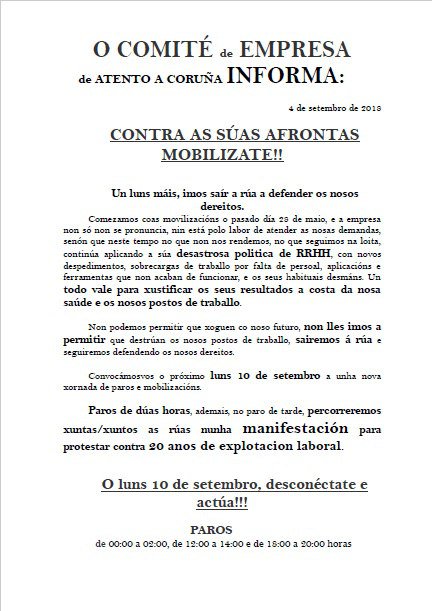 ComiteAtentoCor's tweet photo. Nuns minutos comezan os paros de 2h en #AtentoACoruña
Paramos na quenda de noite de 00:00 a 02:00
Na quenda de mañán de 12 a 14h.
E na de tarde de 18 a 20h, celebraremos unha gran Manifestación na Coruña.
Participa!!
Defendamos os nosos dereitos!!
Saímos de Atento ás 18h https://t.co/YKStFt0txG