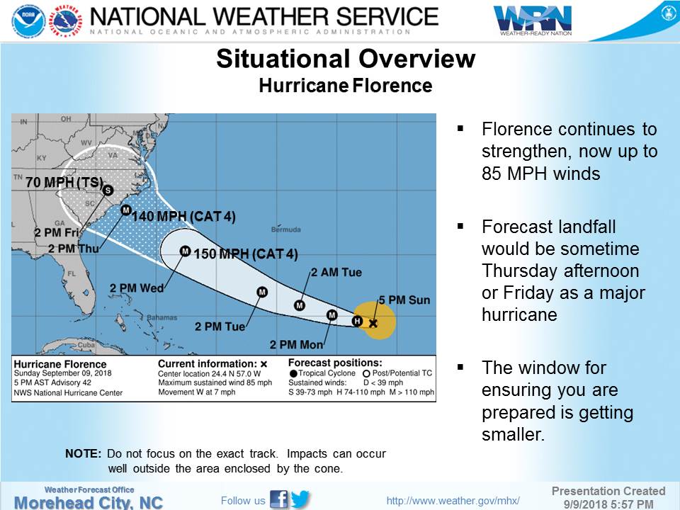 NWSMoreheadCity's tweet photo. An update on #Florence.  Lots of great information here: https://t.co/CAZ6pY0eg1  You should be finishing up your hurricane plans. https://t.co/IQNBObH0nQ