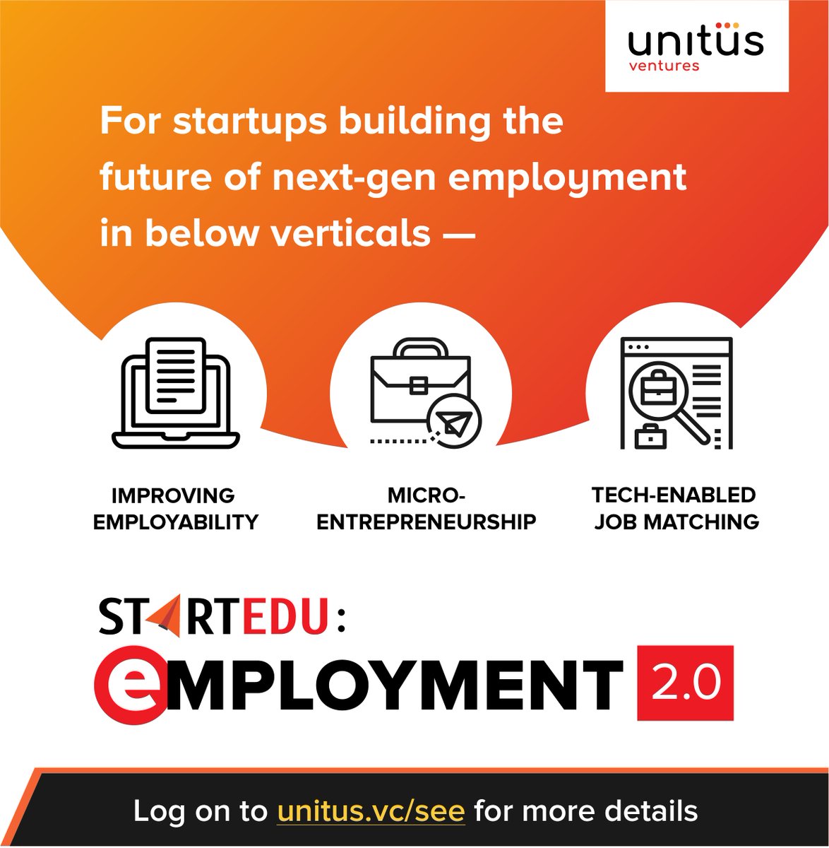 GMC_Impact's tweet photo. Our partner @UnitusVc has launched StartEdu: Employment 2.0 to help build tomorrow’s workforce! #Startups in India helping solve #employment problems and making Indians job ready can access #funding up to INR 3 Cr. Apply now: https://t.co/UUyLrKlh9r #jobs #employability #HRTech https://t.co/FnG6lV2bVm