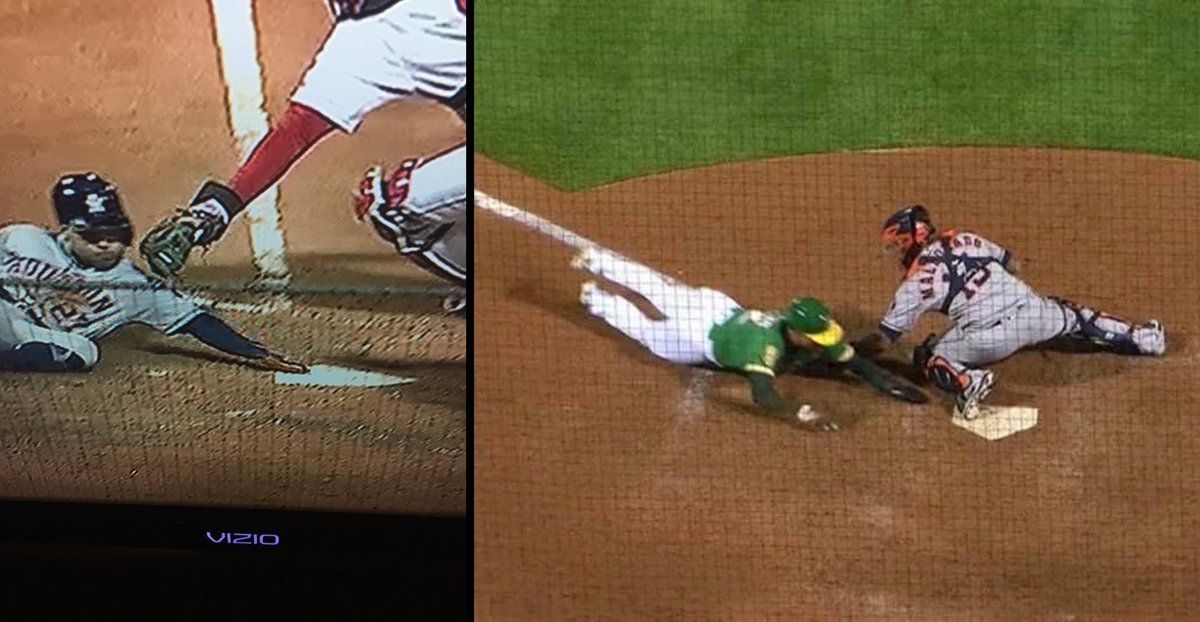 The call on the left was out on the field, not overturned.
The call on the right was out on the field, overturned.

Both in under a month. Only common theme was the team each went against. What a coincidence, right? <a href="/MLBReplays/">MLB Replays</a> <a href="/MLB/">MLB</a>