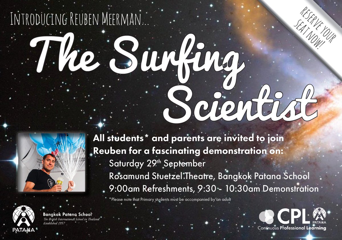 BangkokPatana's tweet image. Really excited to welcome @surfnscientist to Bangkok Patana in a few weeks! Reserve your place at the student/parent demonstration now! Click here: goo.gl/H6gibT #CPLBangkokPatana #continuouslearning #makesciencefun