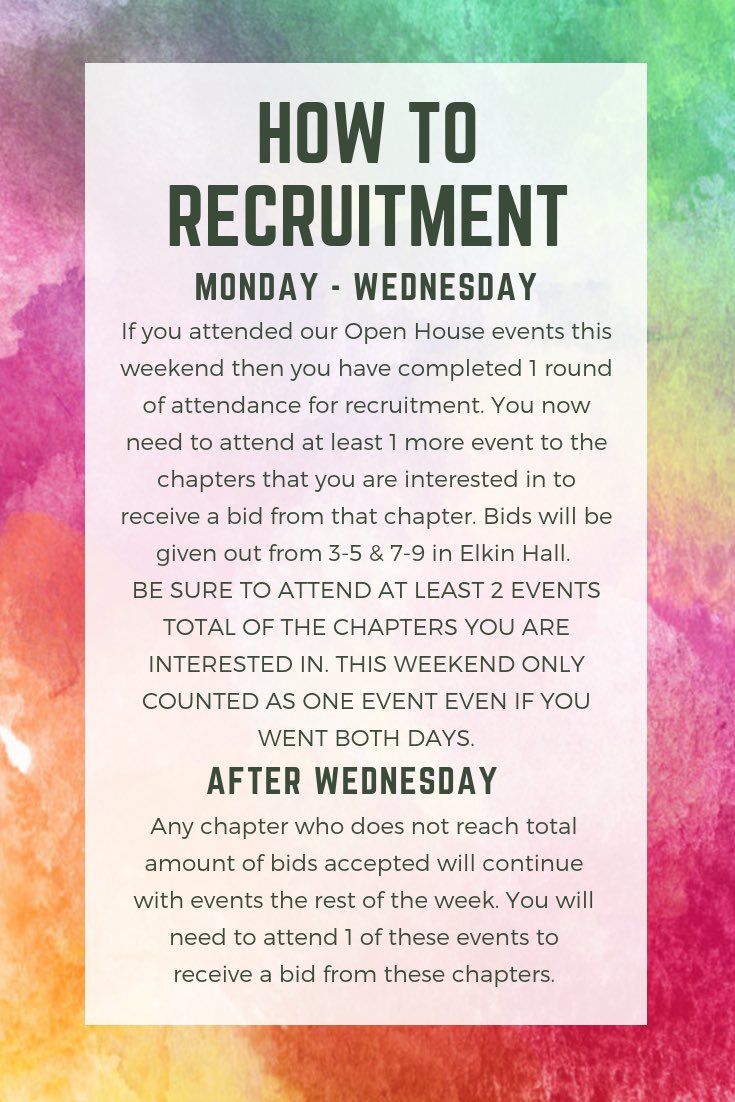 here’s how this weeks recruitment will be working! tomorrow’s events will be posted soon!