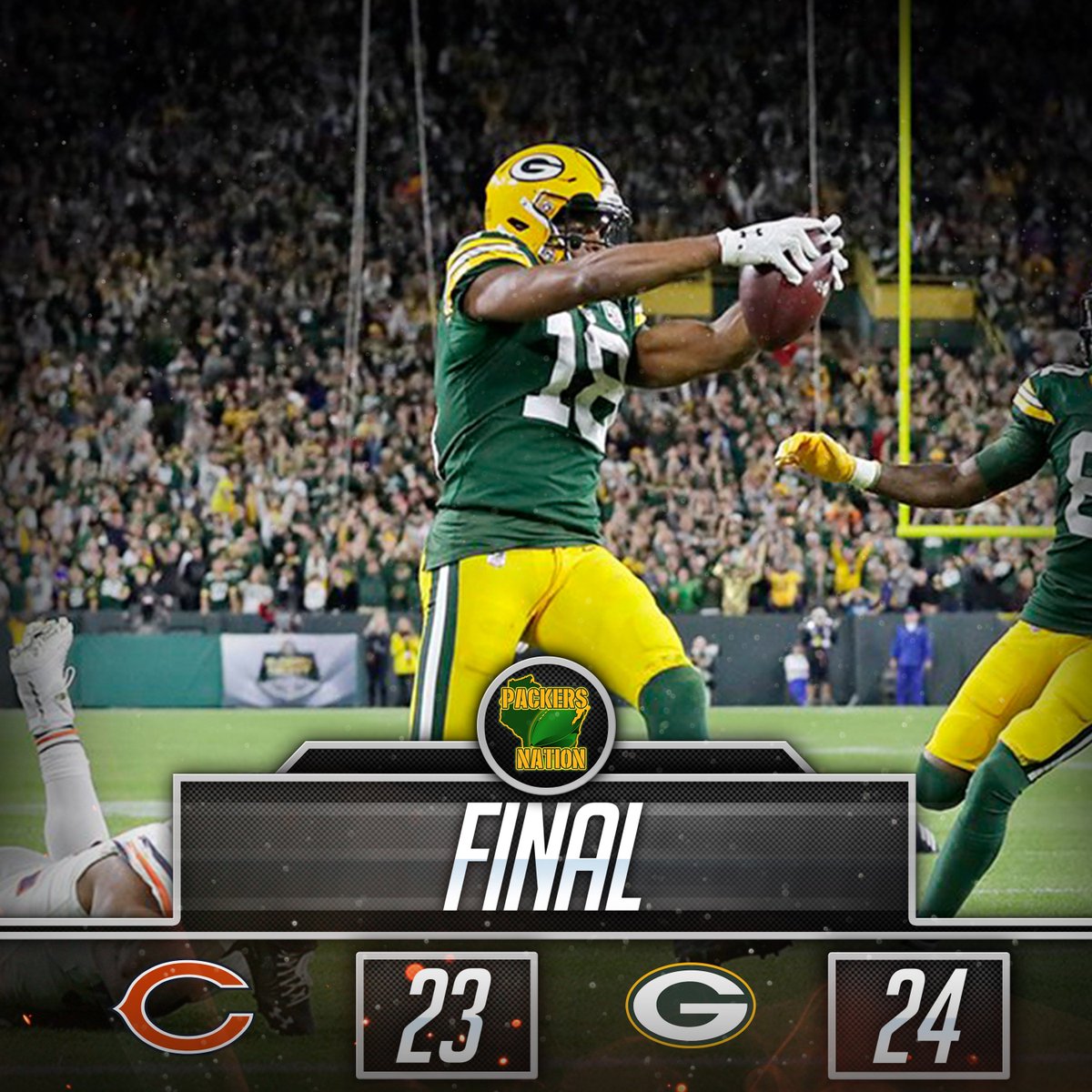 PackersNationCP's tweet photo. VICTORY!!! Your Green Bay Packers comeback behind Aaron Rodgers' heroics, beating the Chicago Bears 24-23!!! #GoPackGo https://t.co/n5MQI2ZKls