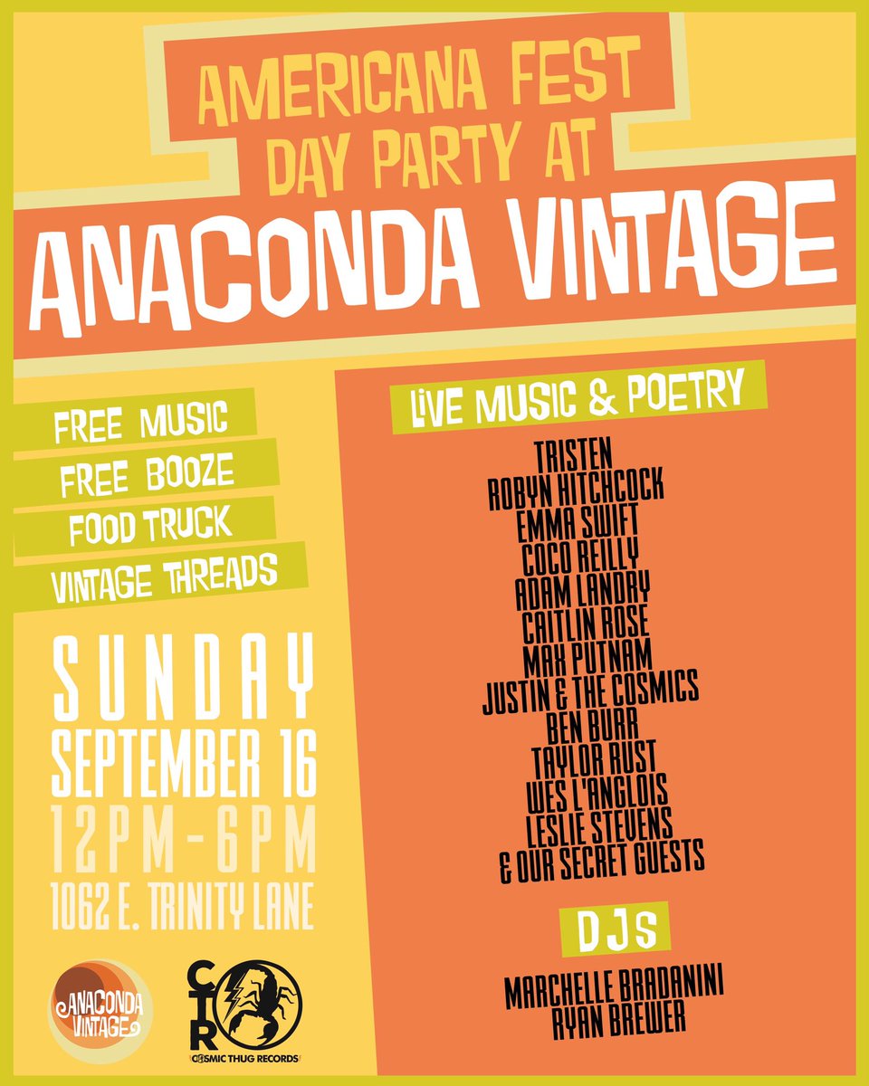 Att: folks in Nashville for #AmericanaFest! We’re throwing a massive day party at Anaconda Vintage on Sunday September 16. Live performances from local legends + special guests! Free beer! 💕🍺 Join us 🎀🦑💫
