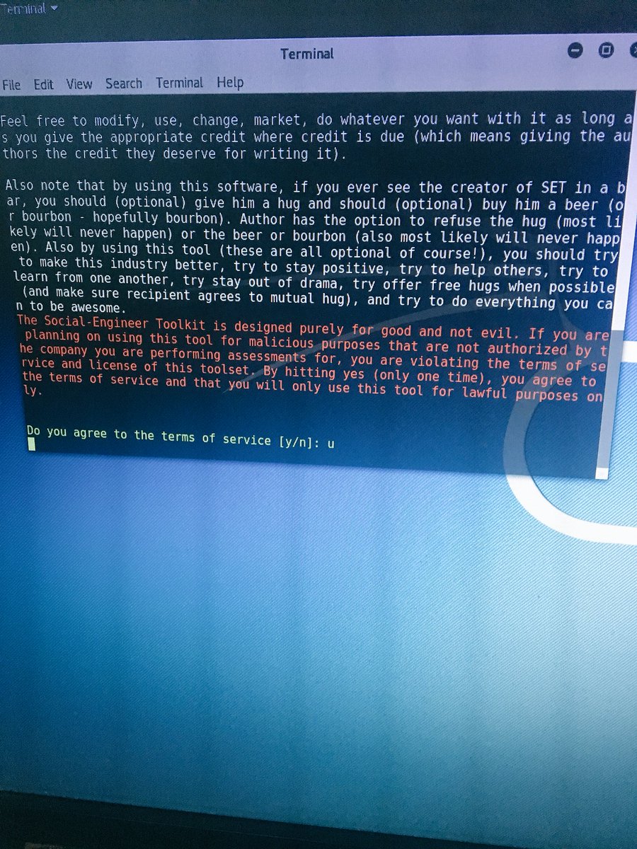 ameedmv's tweet image. Still the best EULA out there! 😂😂😂#socialengineeringtoolkit #kalilinux