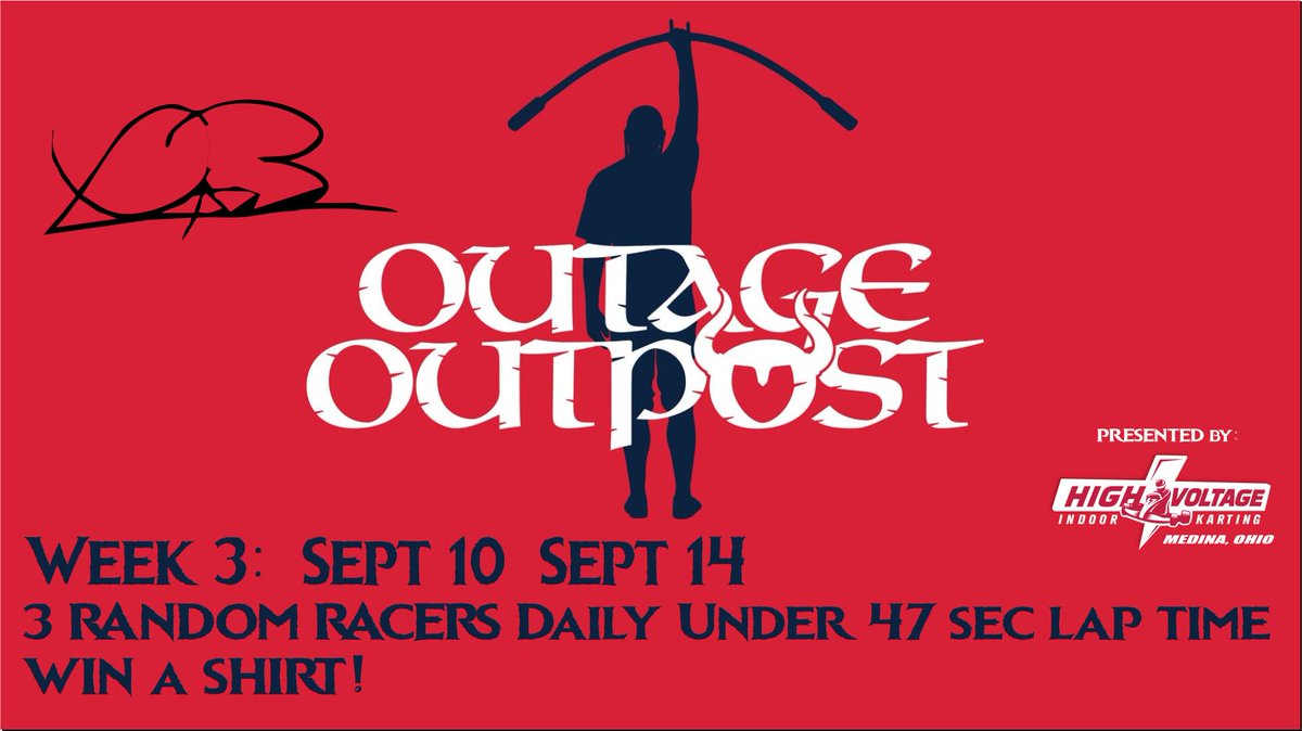 HVIndoorKarting's tweet photo. WEEK 3 of @BauerOutage #OutageOutpost t-shirt give a way!
•Sept 10 – Sept 14: Daily random selection of anyone under 47 second lap time!
-Wear your Outage Outpost shirt to High Voltage any Monday-Friday for ½ off 1 race through the end of the 2018 baseball season! https://t.co/p65V5WJrf4