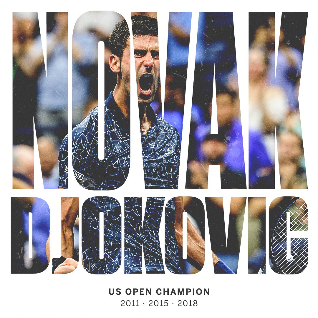 espn's tweet photo. Novak Djokovic wins the US Open!

He beats Juan Martin del Potro in straight sets to win his 14th major title, tied for 3rd-most in men's tennis history. https://t.co/Kfsc7c0TB2