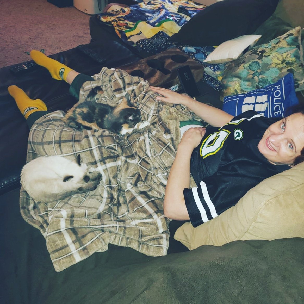 KJonair's tweet photo. I won't be getting too rowdy over the #Packers game tonight as long as these girls stay where they're at. #DailyMelody #DailyAmelia #ComeAlongPonds #ThePondKitties #whoviancat #DoctorWho @kjscats #nerdycat https://t.co/uswxJ1mAds
