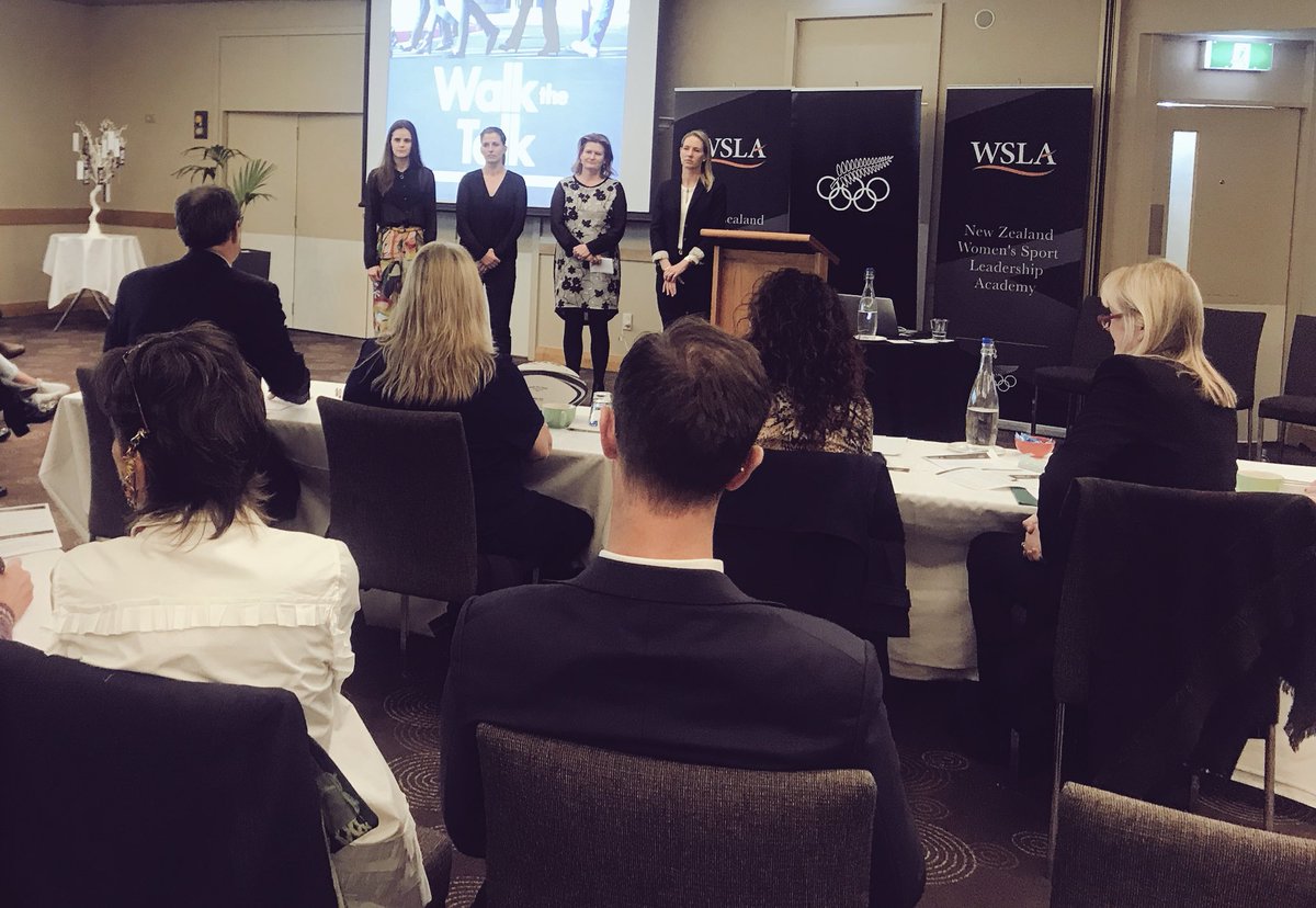 TheNZTeam's tweet photo. Olympians Kim Archibald, Shane Collins, @alisonshanks and Beth Smith presented on Governance - Investigating the issues surrounding the lack of women on sports boards, referring to current statistics and research. 

#WSLANZ https://t.co/TgAC9subgQ