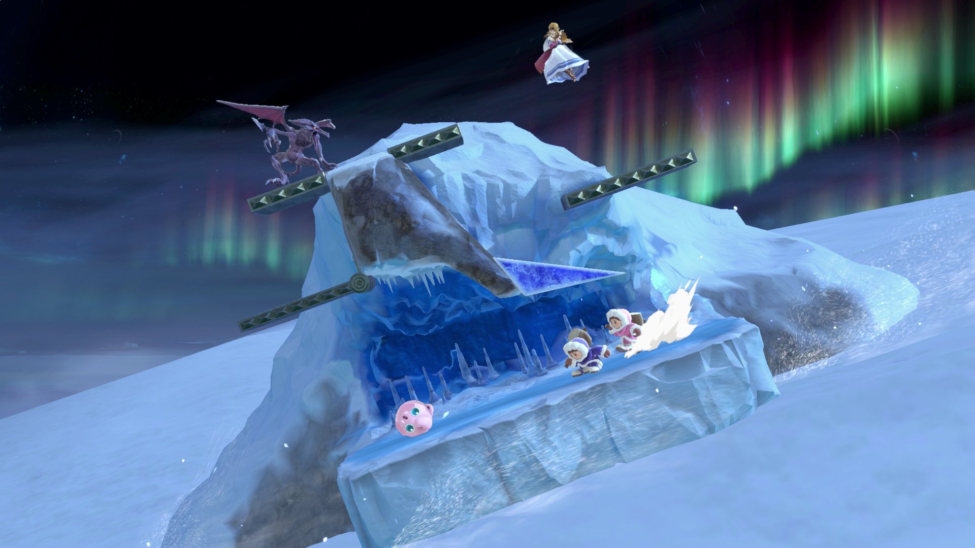 大乱闘スマッシュブラザーズ スマブラ公式 きょうのステージ 頂上 雪山の頂上部分が崩れて傾斜をすべり落ち そのまま海へダイブ という豪快なステージ 雪山のてっぺんではキレイなオーロラが見え 海上ではサングラスに海パンの